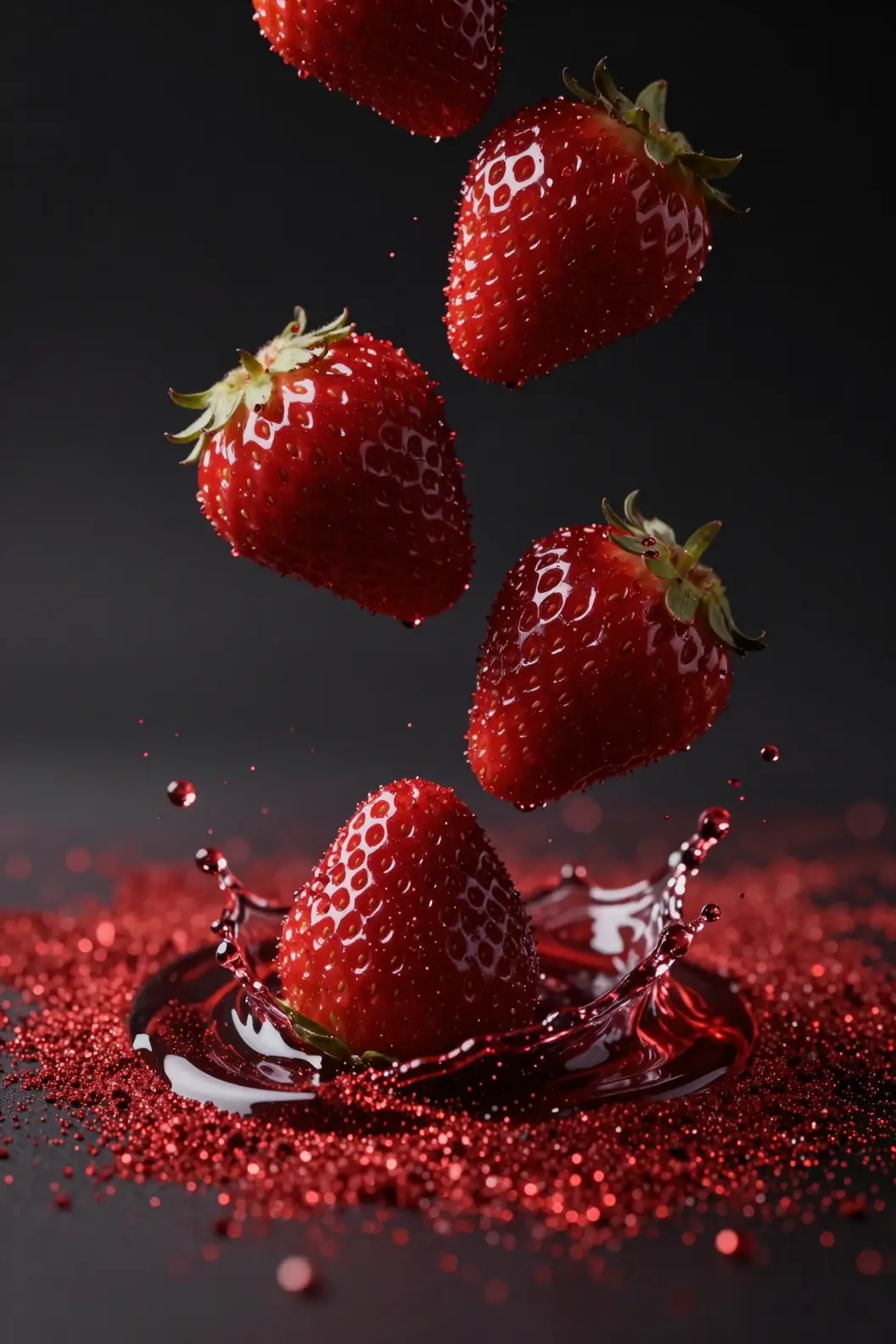 Dark red strawberries falling into shimmering scarlet powder