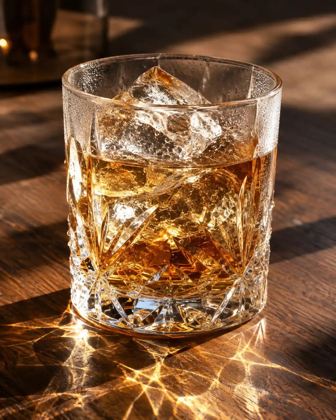 Whiskey glass with carved ice on dark walnut table