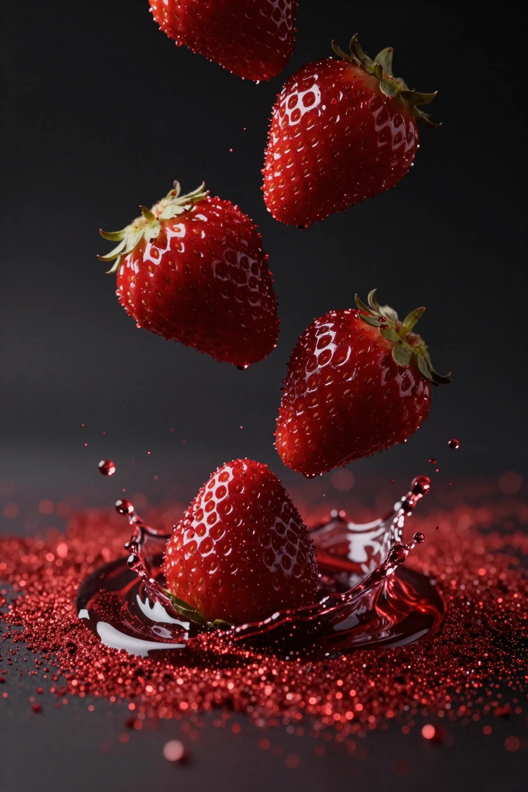 Dark red strawberries falling into shimmering scarlet powder