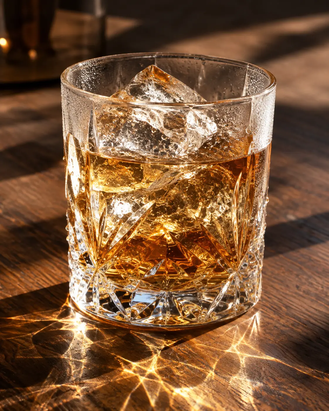 Whiskey glass with carved ice on dark walnut table