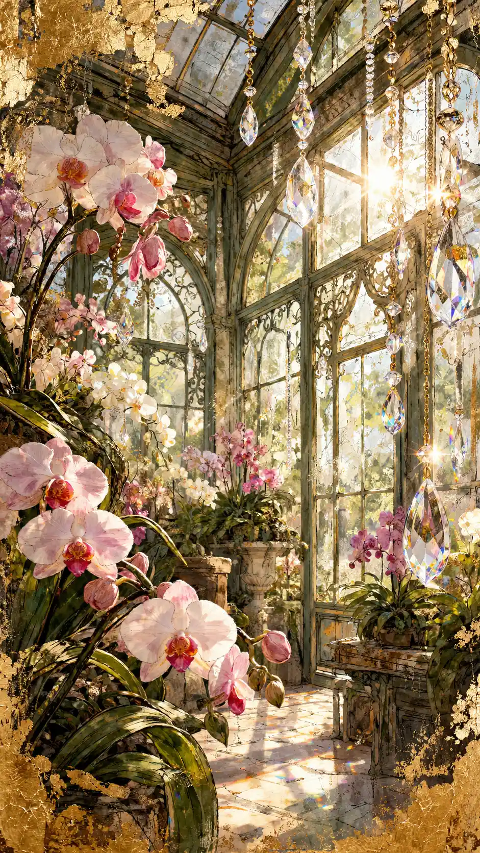 Victorian greenhouse interior with orchids and hanging crystals