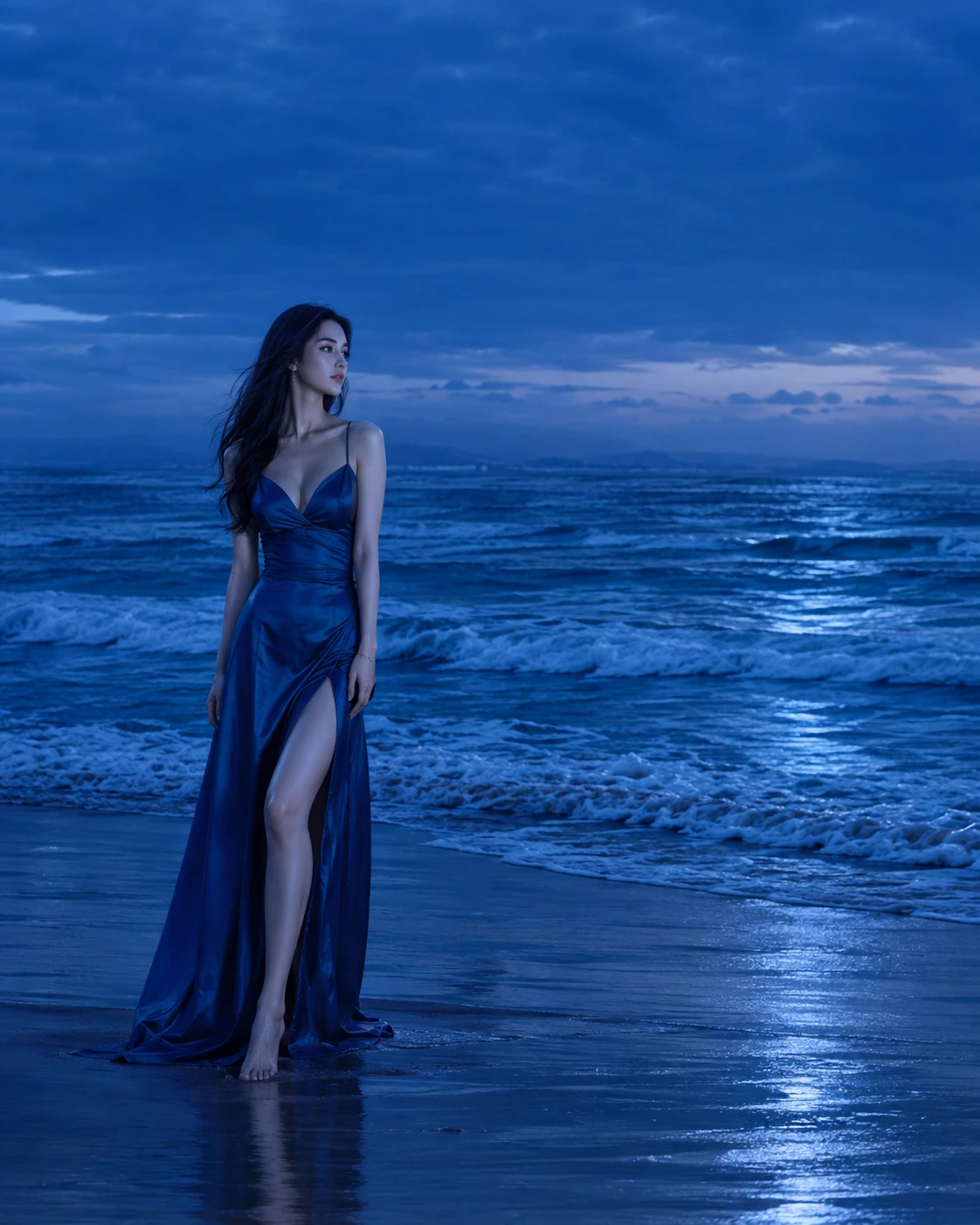 Elegante donna in abito blu in riva all’oceano al crepuscolo
