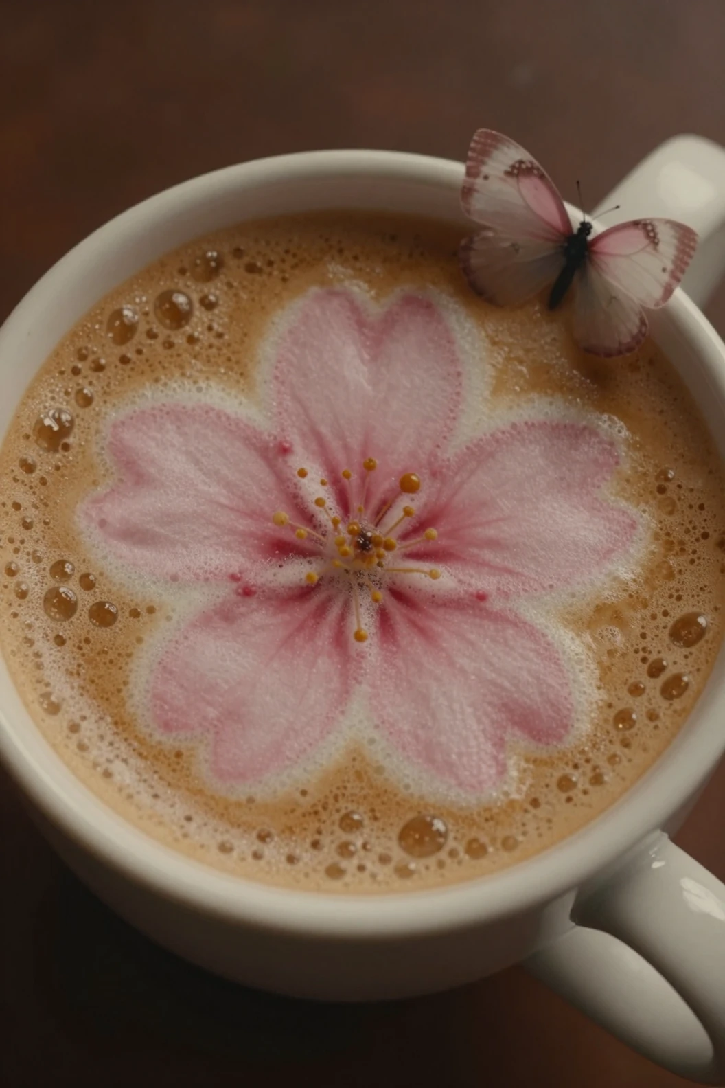 Kaffee mit Sakura-Milchschaum aus der Vogelperspektive