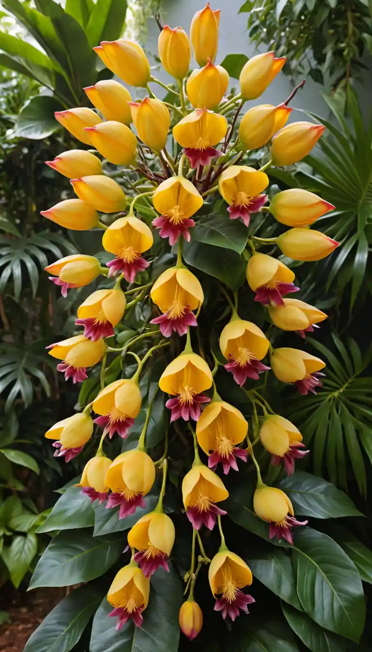 Macro view of tropical flowering vine with cascading blooms