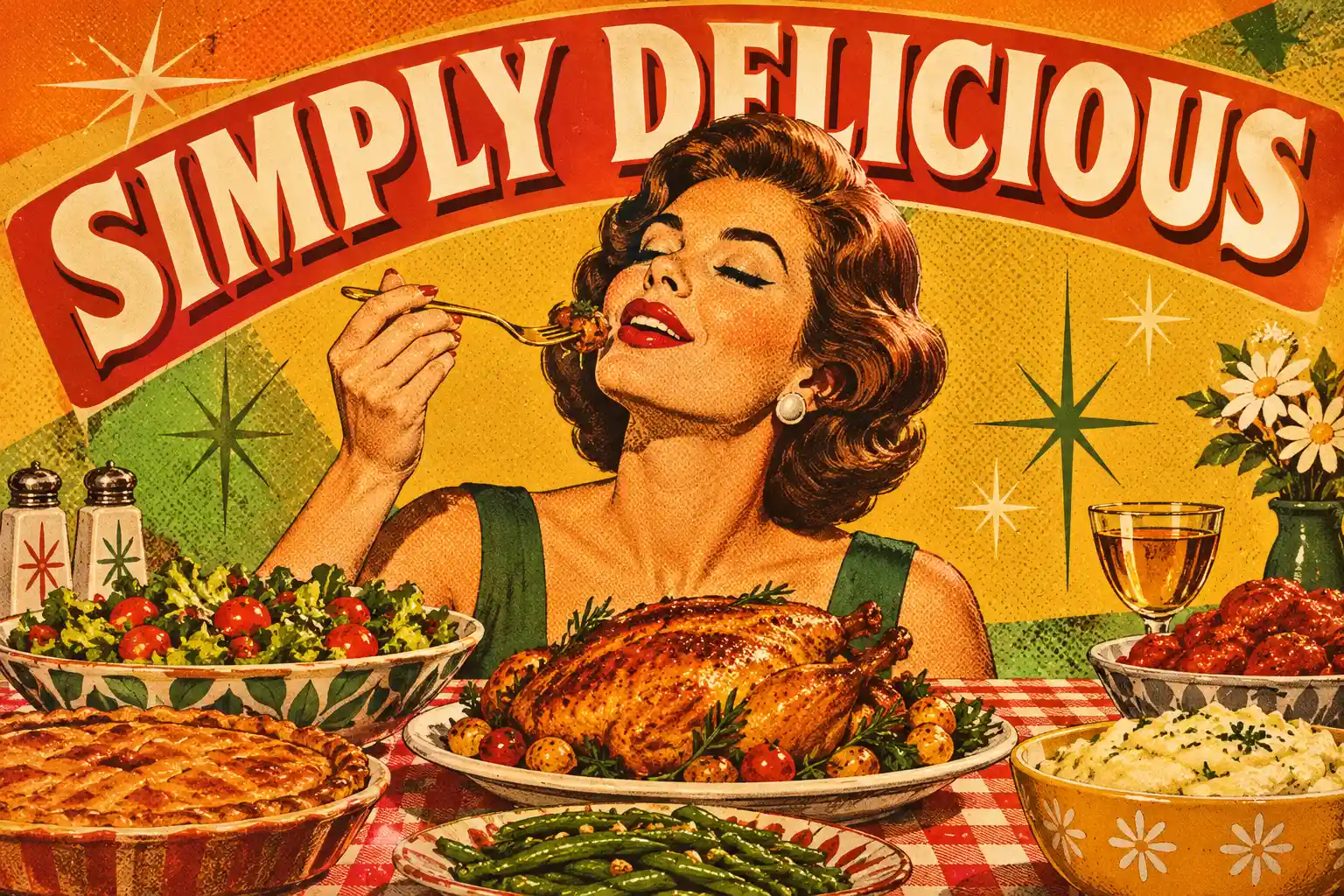 Retro pop art woman savoring dinner in 1960s style