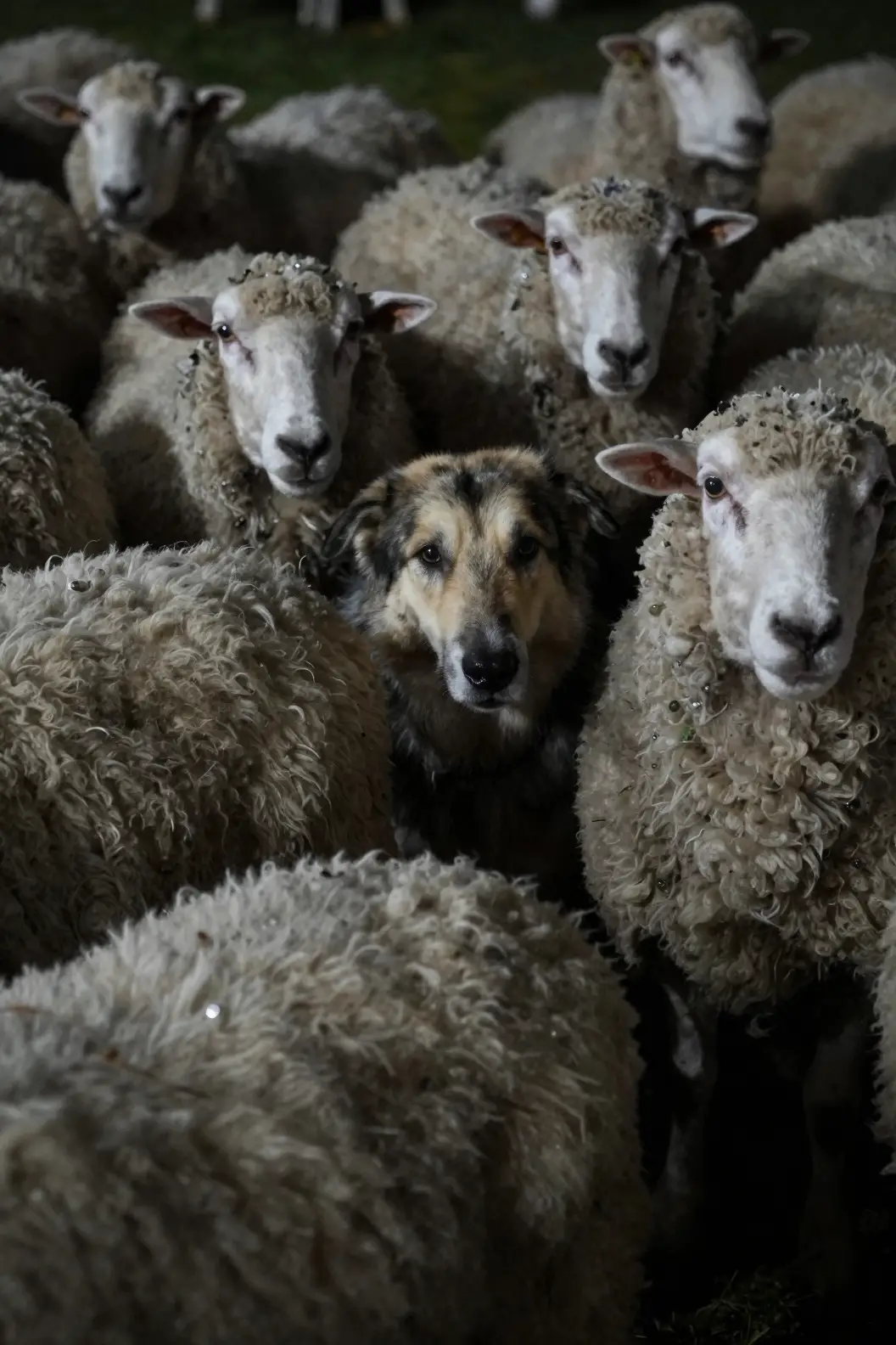 Shepherd dog emerging from a flock of sheep at night