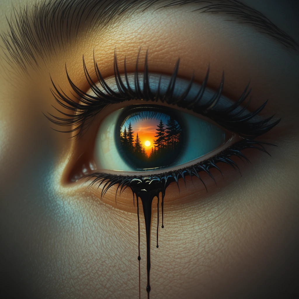 Surreales Nahaufnahme-Auge mit Wald und leuchtender Sonnenuntergangsreflexion