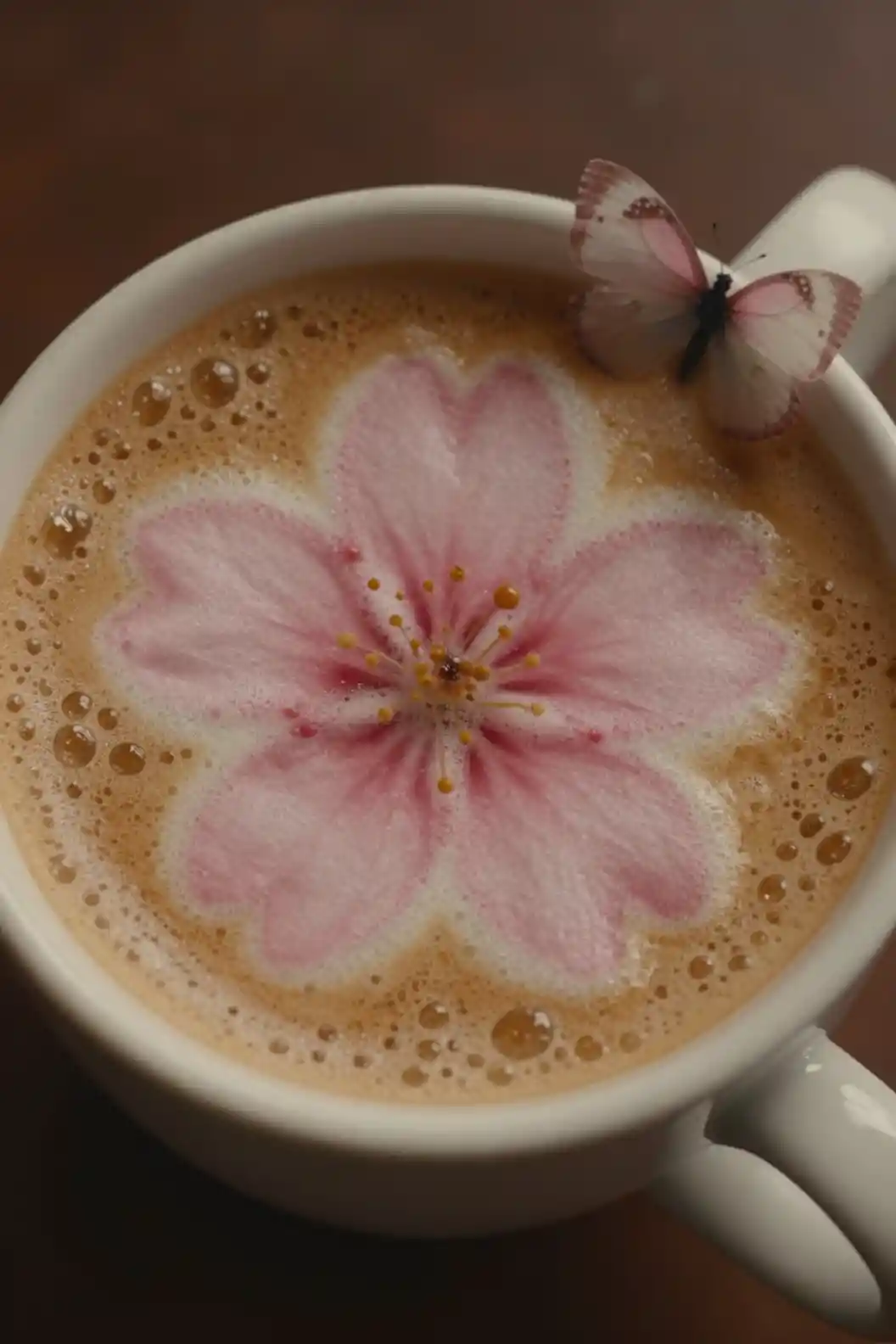Kaffee mit Sakura-Milchschaum aus der Vogelperspektive