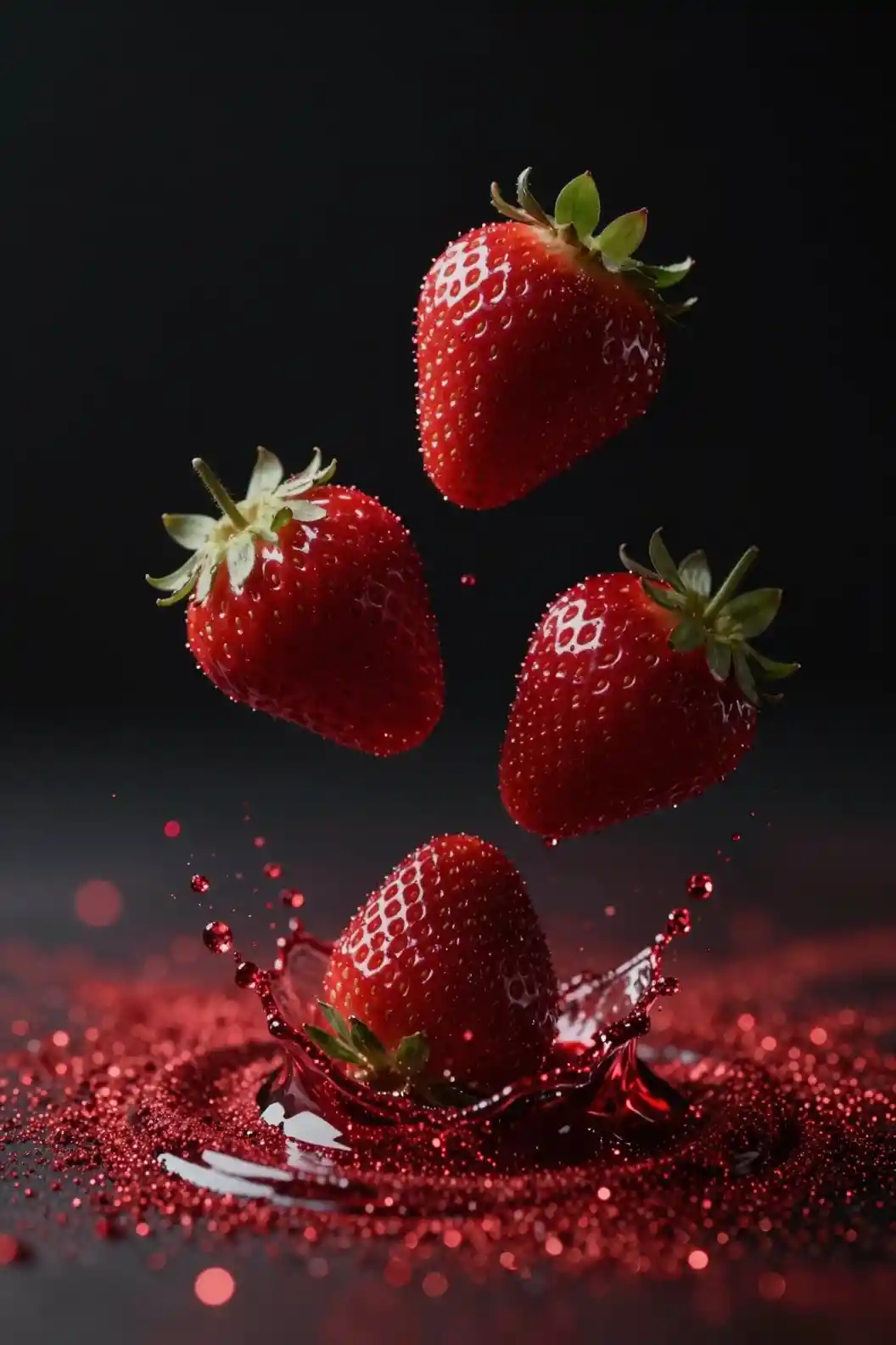 Three strawberries falling into shimmering red powder