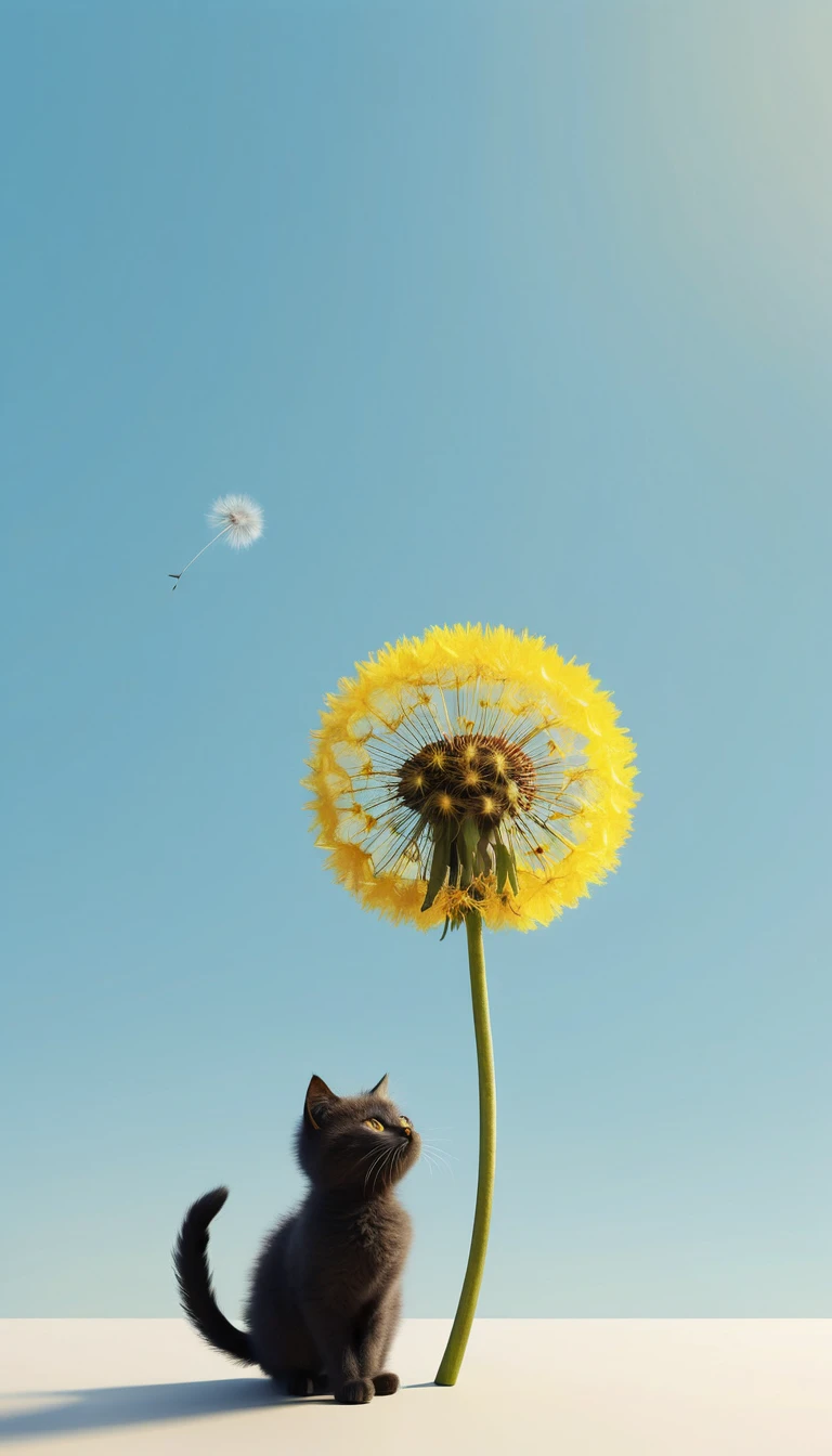 Minimalist yellow dandelion with a thin cartoon cat silhouette