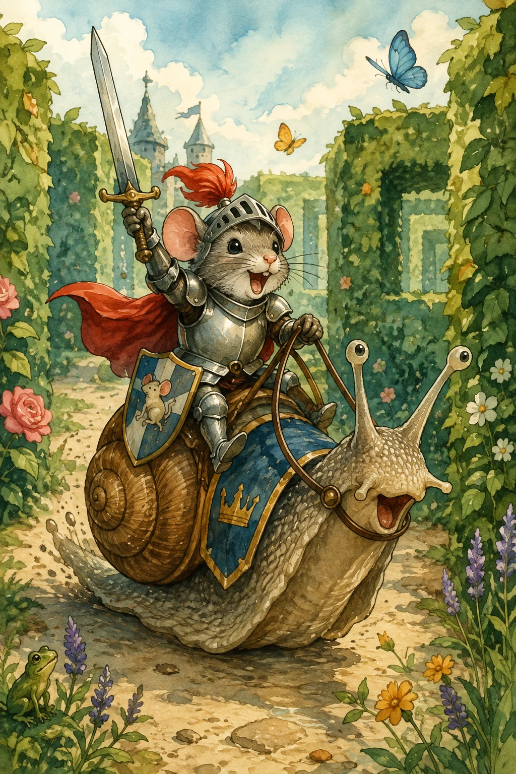 Knight mouse riding a snail through a magical garden maze