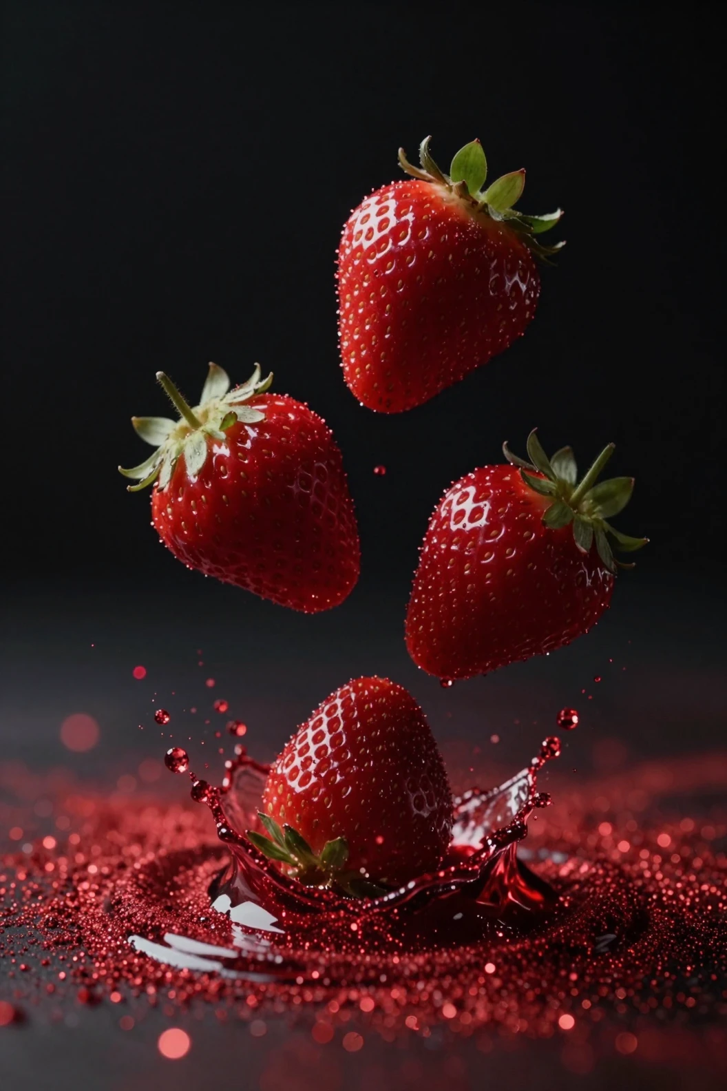 Three strawberries falling into shimmering red powder