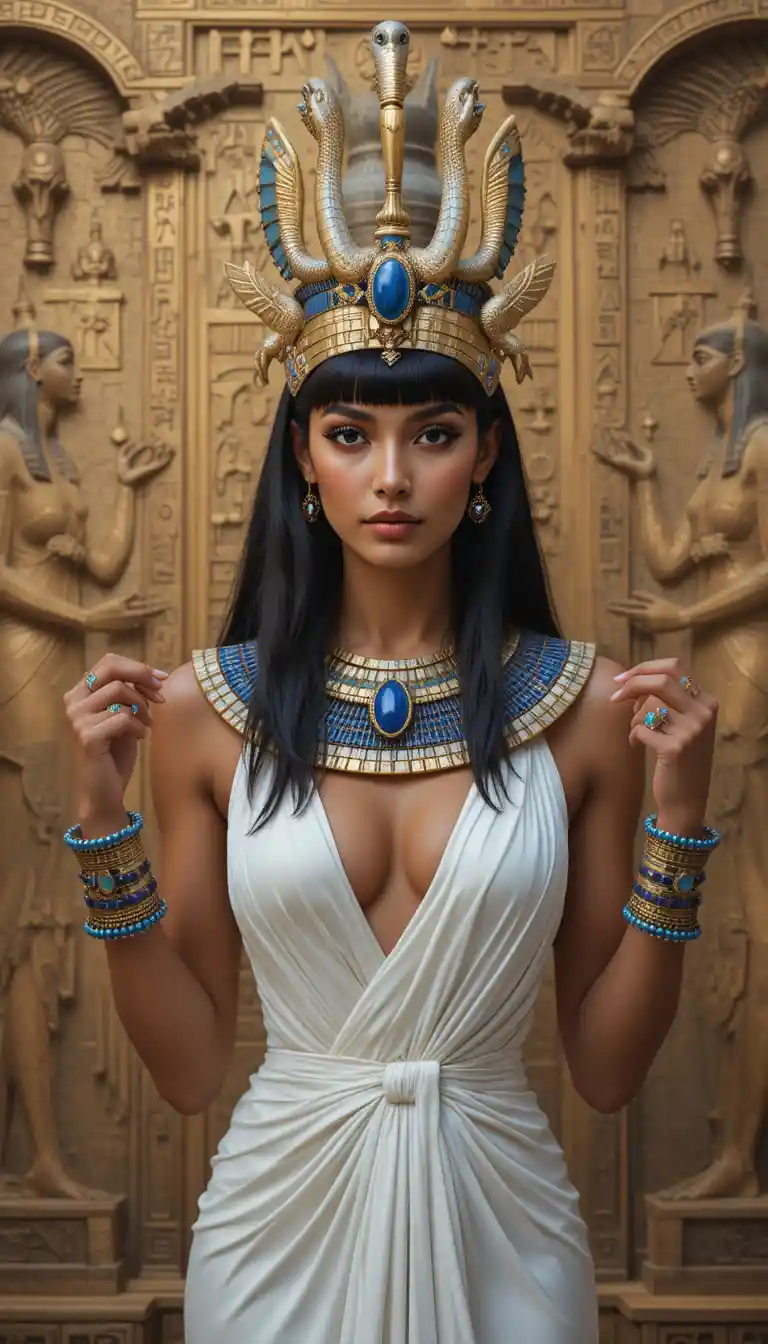 Egyptian queen in gold and blue headdress before carved wall