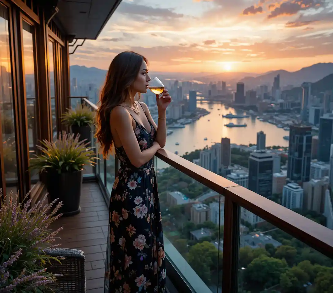 Woman with wine on a balcony at sunset city view