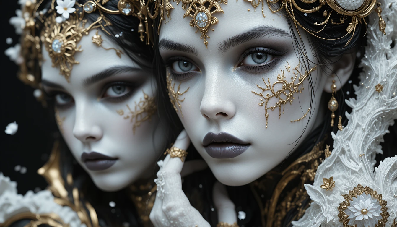 Mystical white skinned woman in black and white portrait