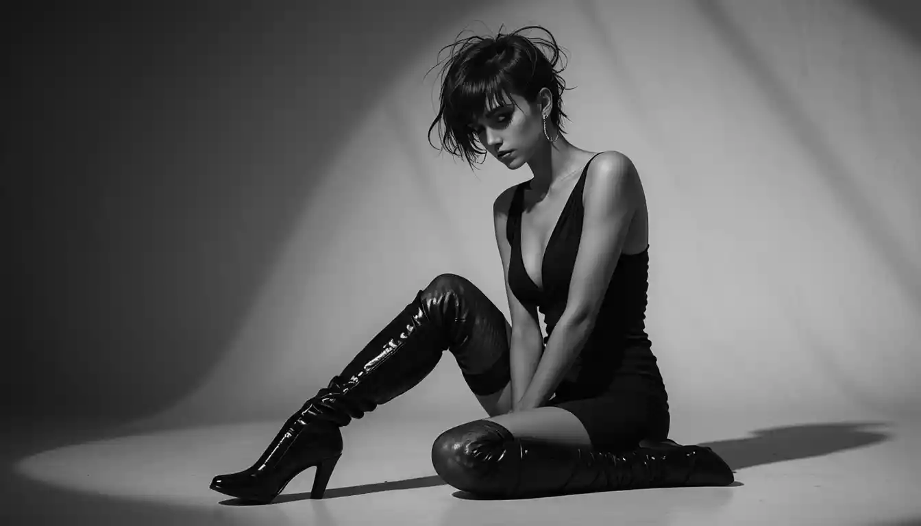 Joven con vestido negro sentada en una pose dramática a contraplano