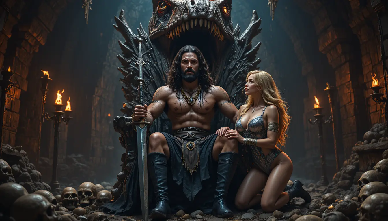 Barbarian warrior on a skull throne in fiery cavern