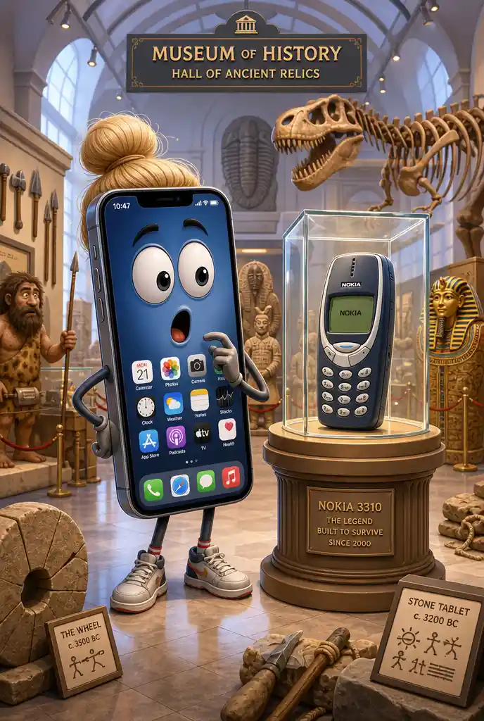 Personaje de smartphone hipster visitando un museo de historia antigua