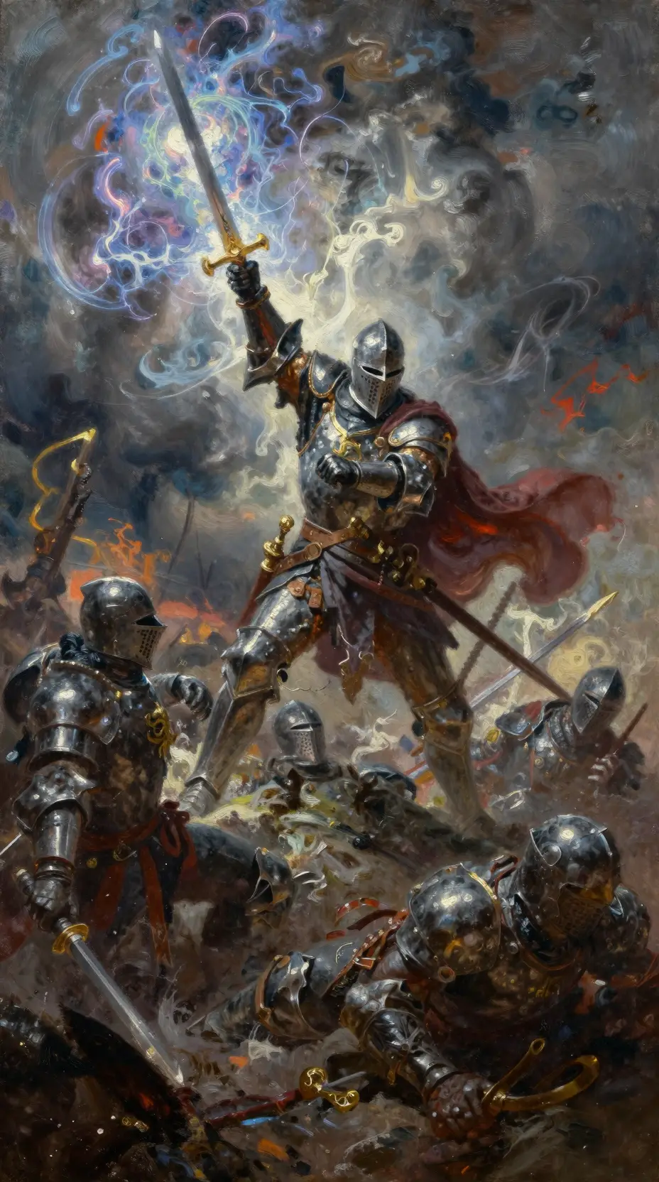 Triumphant warrior on a battlefield amid raging elemental storm
