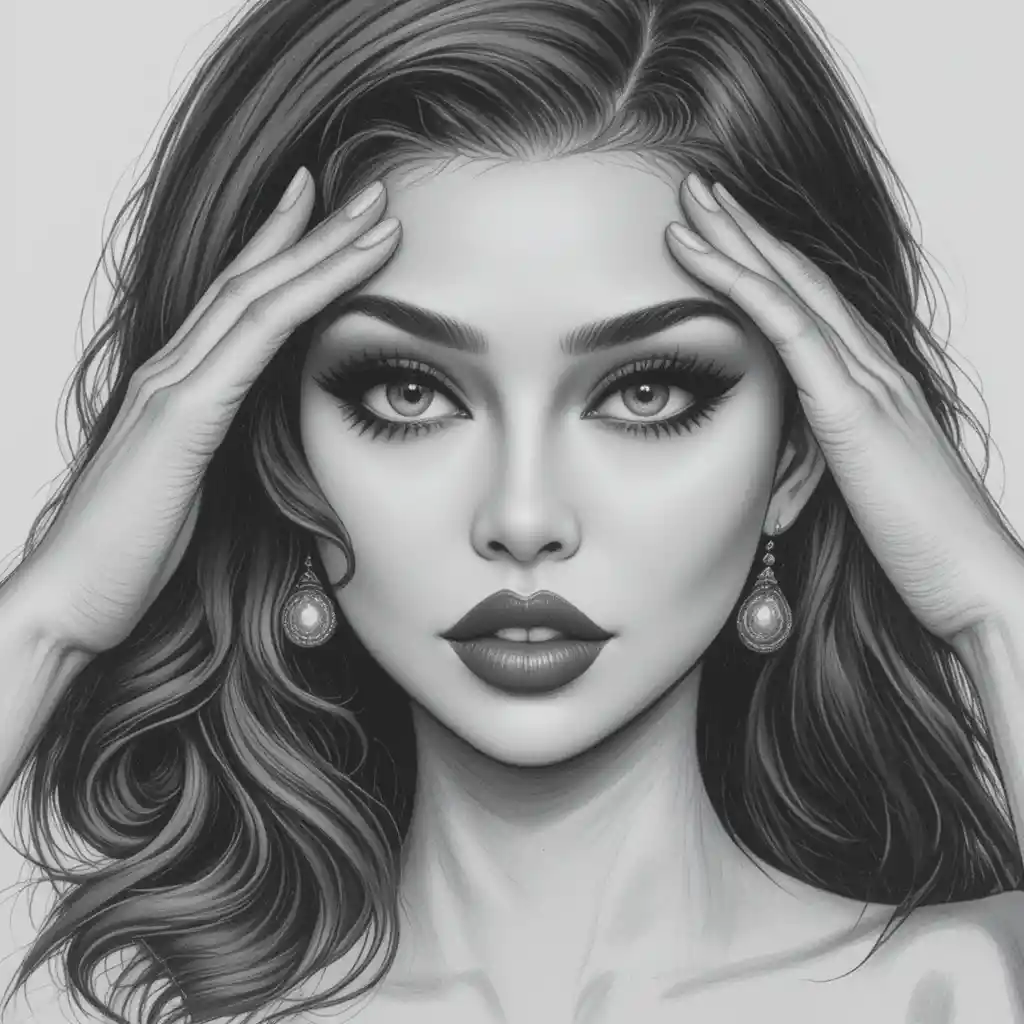 Retrato a lápiz de una chica enmarcando su ojo con manos en forma de corazón