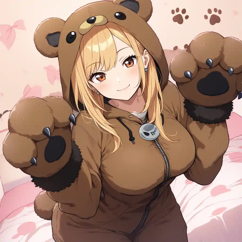 Smiling anime girl in cozy bear hoodie on bed