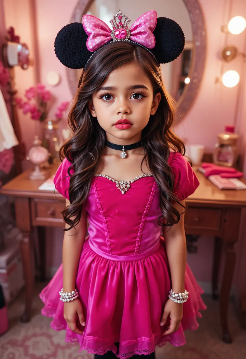 Nervous tween boy in princess costume at vanity mirror