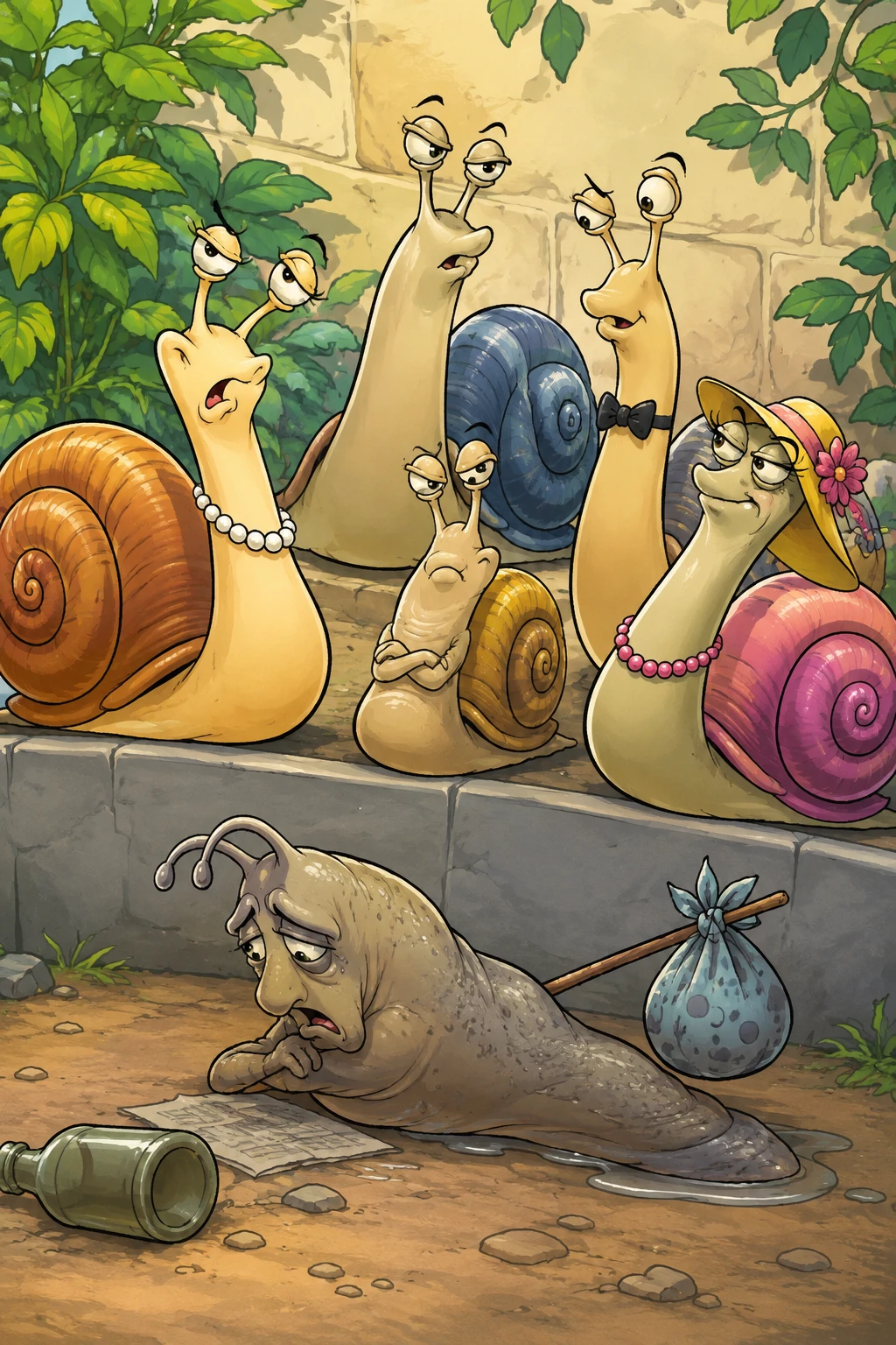 Playful comic illustration of a humorous snail character