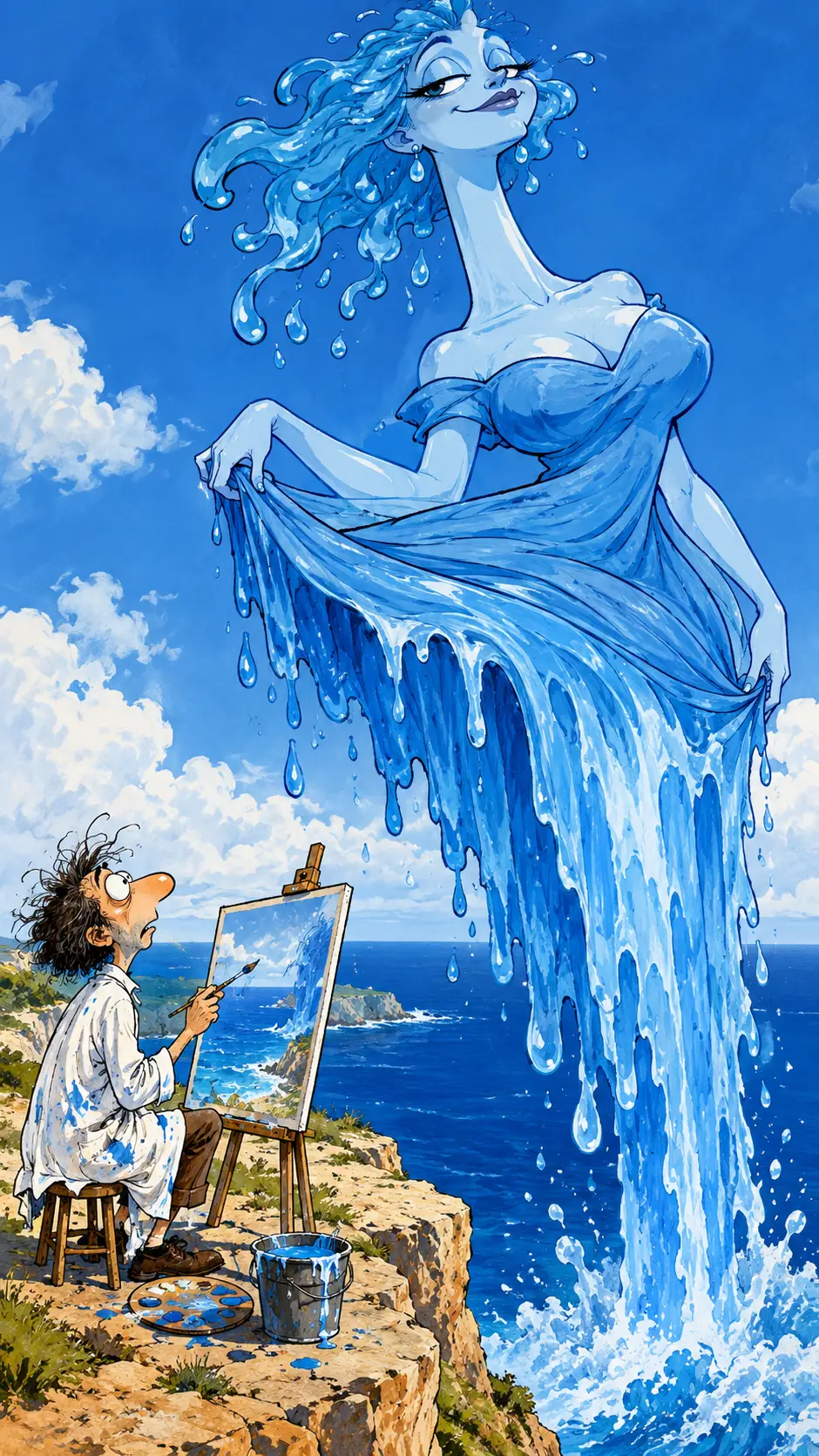 Giant water woman pouring paint over a seaside artist