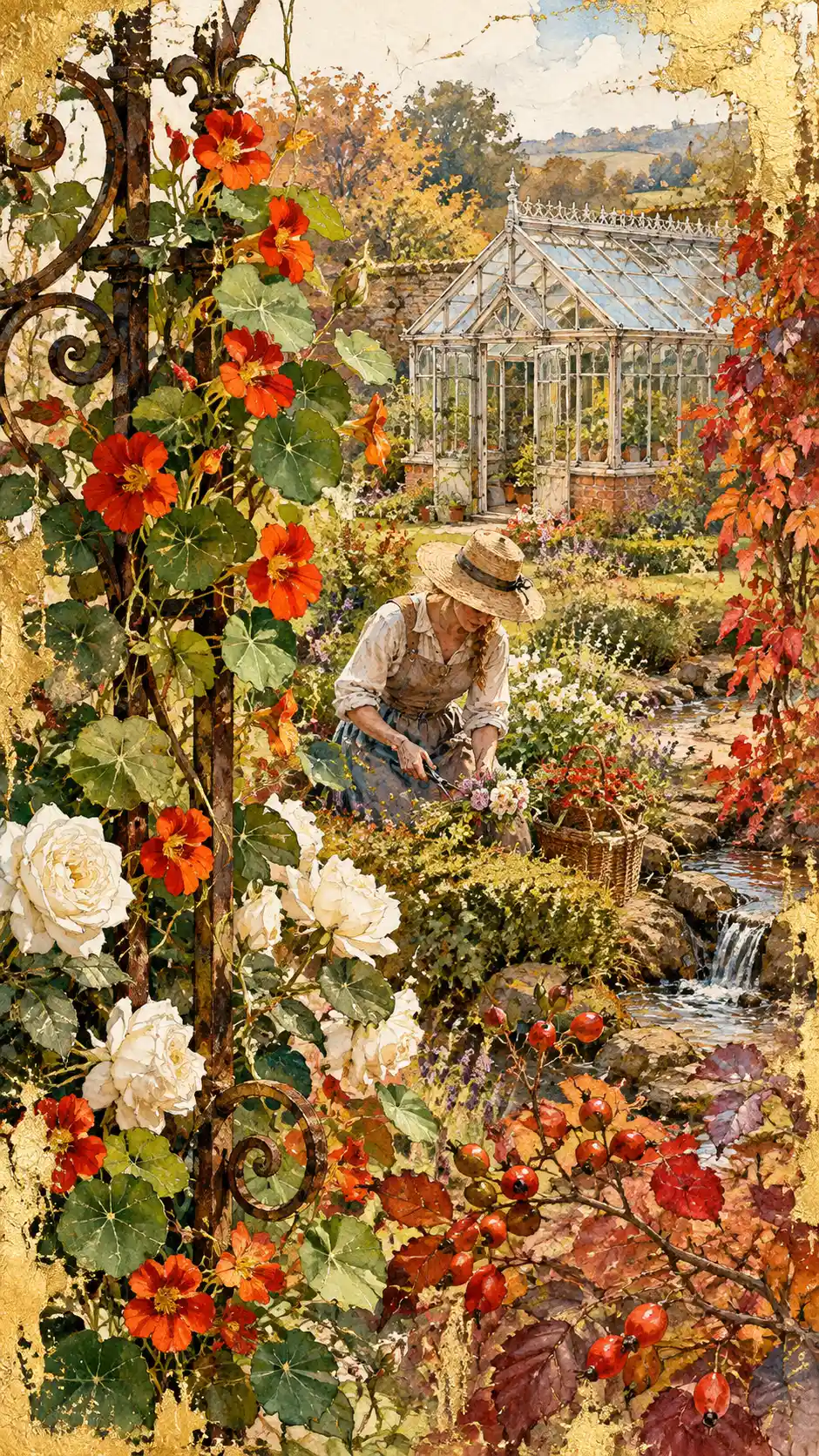 Young gardener in a watercolor country flower garden