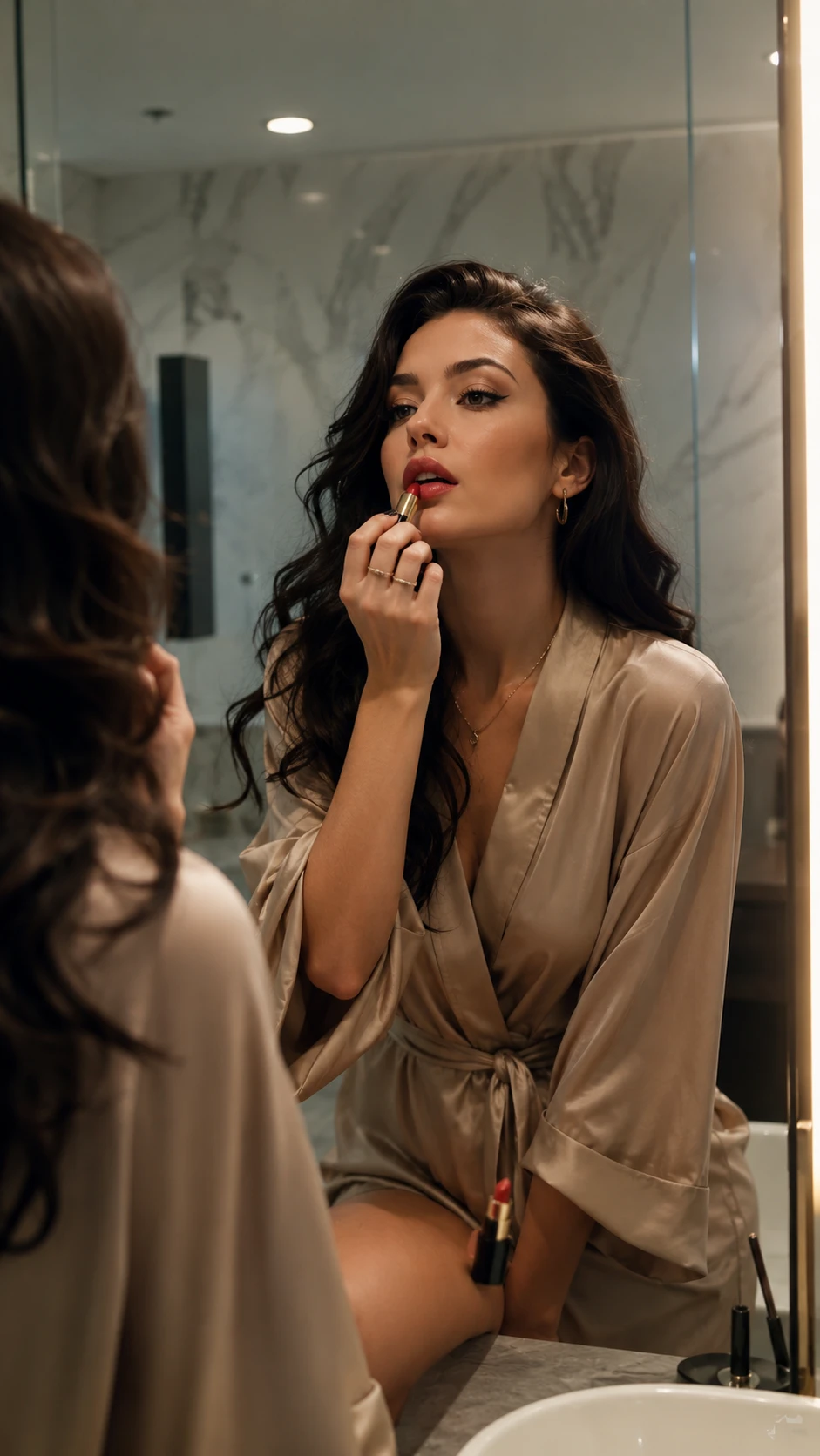 Elegante donna in vestaglia di seta che si mette il rossetto davanti allo specchio