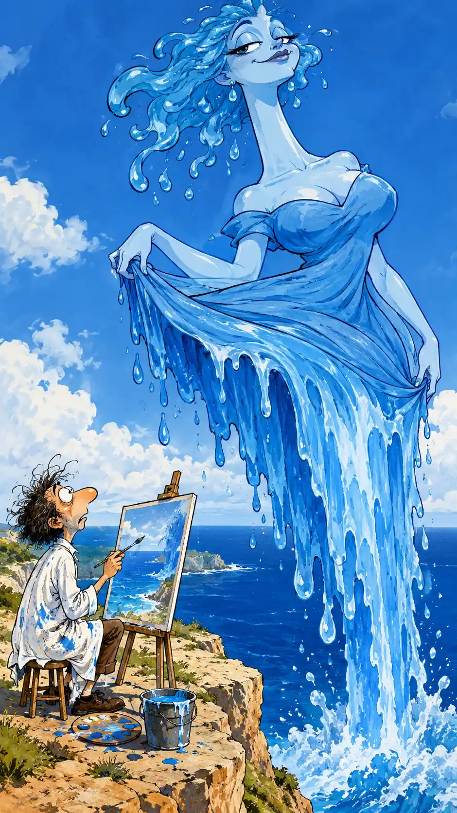 Giant water woman pouring paint over a seaside artist