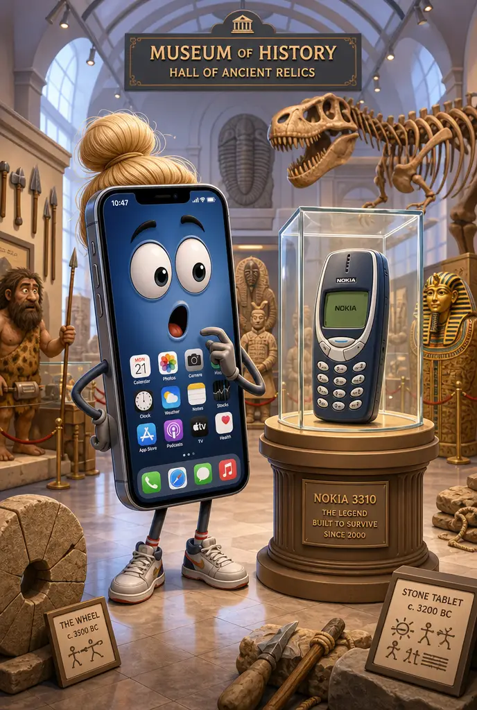 Personaje de smartphone hipster visitando un museo de historia antigua