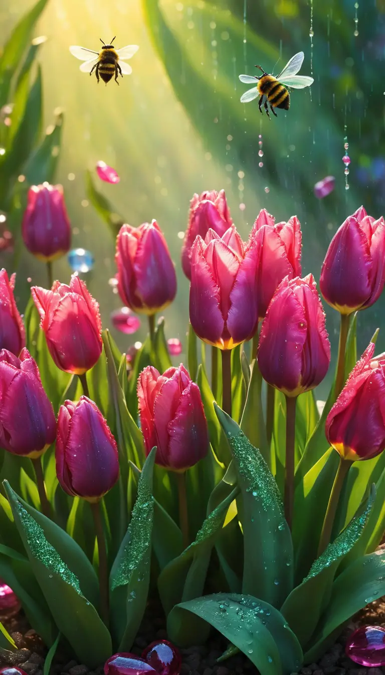 Cuentas de cristal radiantes con tulipanes a la luz solar vibrante