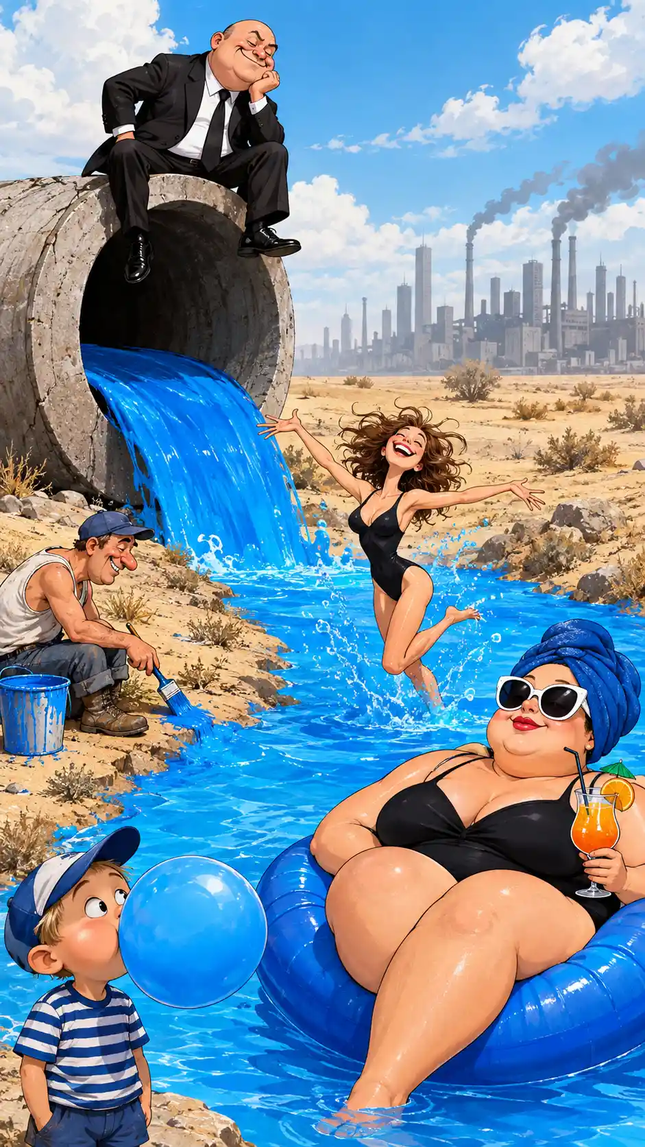 Cartoon satire of women enjoying a blue river in desert