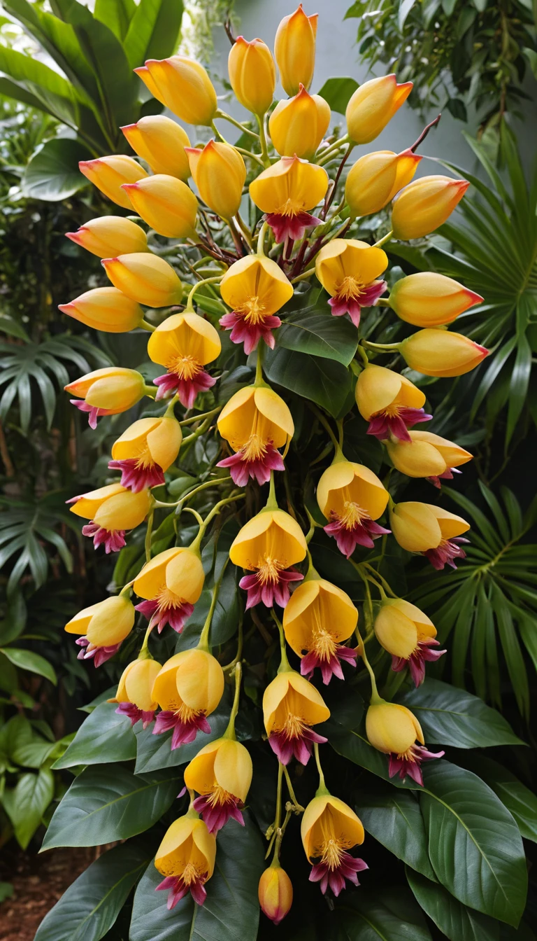 Macro view of tropical flowering vine with cascading blooms