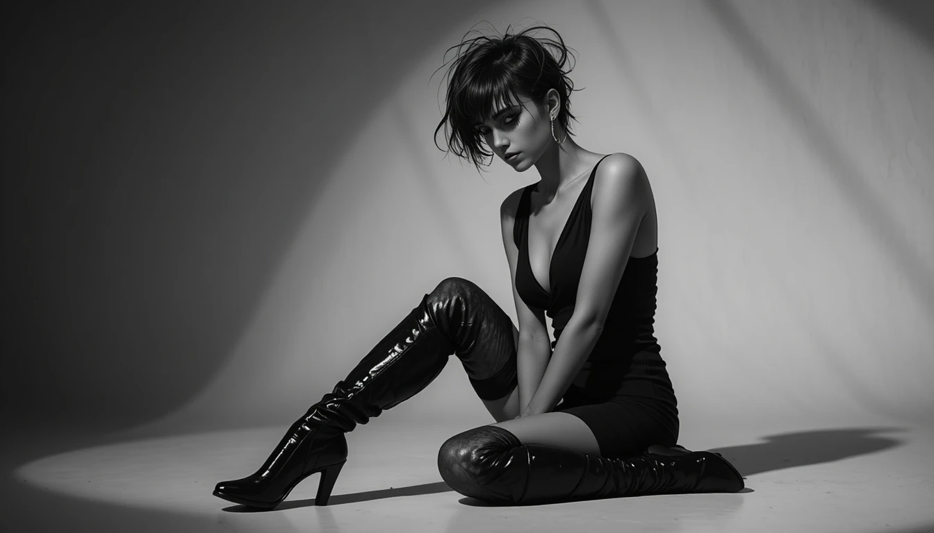 Joven con vestido negro sentada en una pose dramática a contraplano