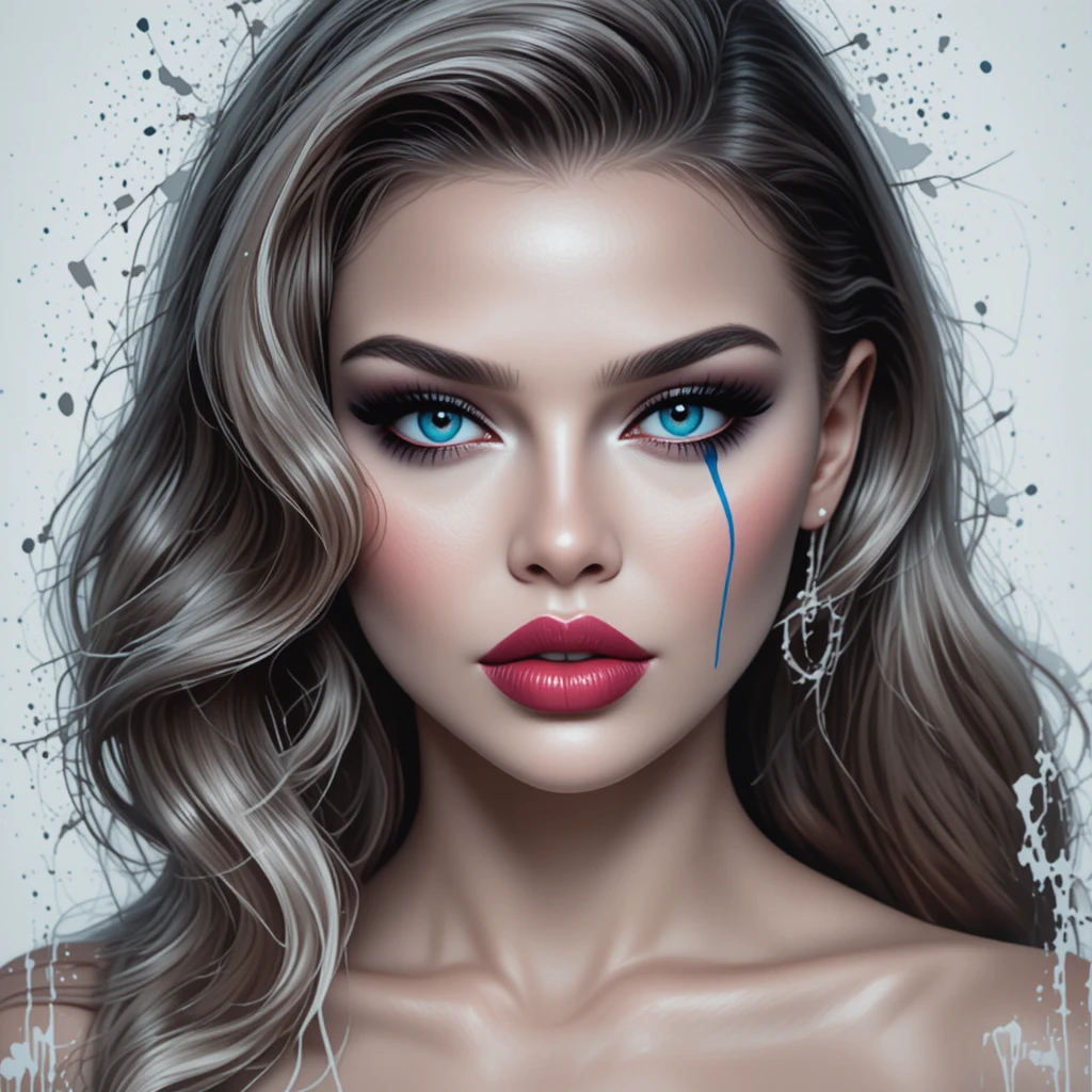 Mujer de cabello platino con ojos azules y labios rosados y brillantes