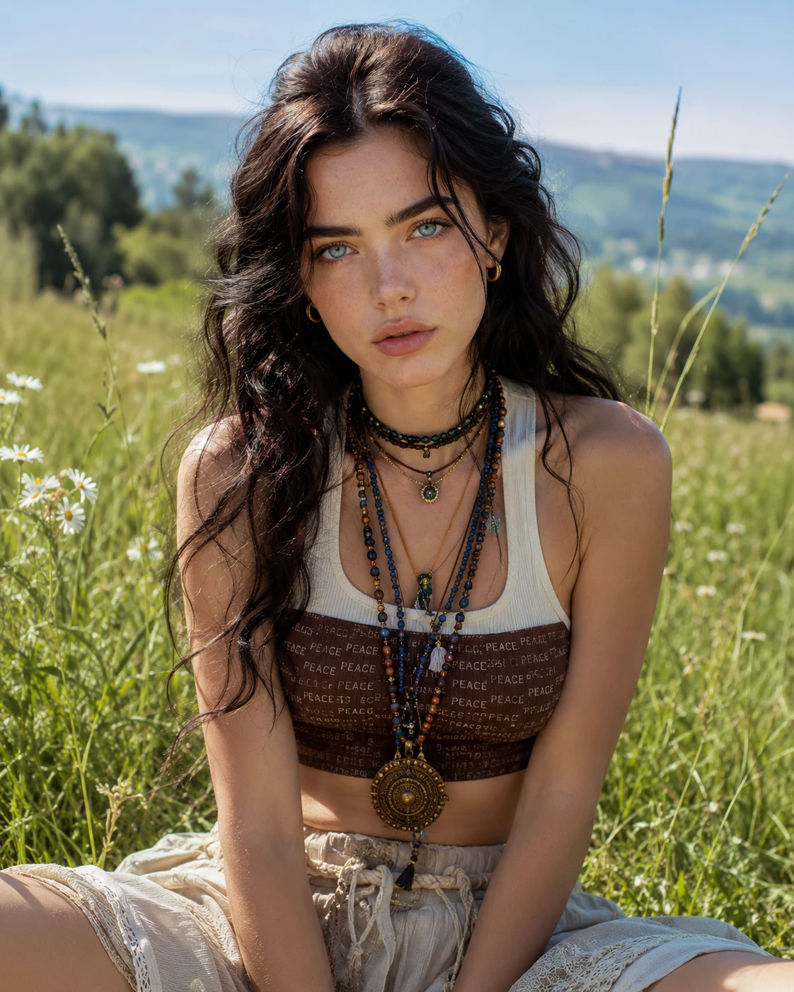 Retrato de moda de joven en un prado a contraluz del sol