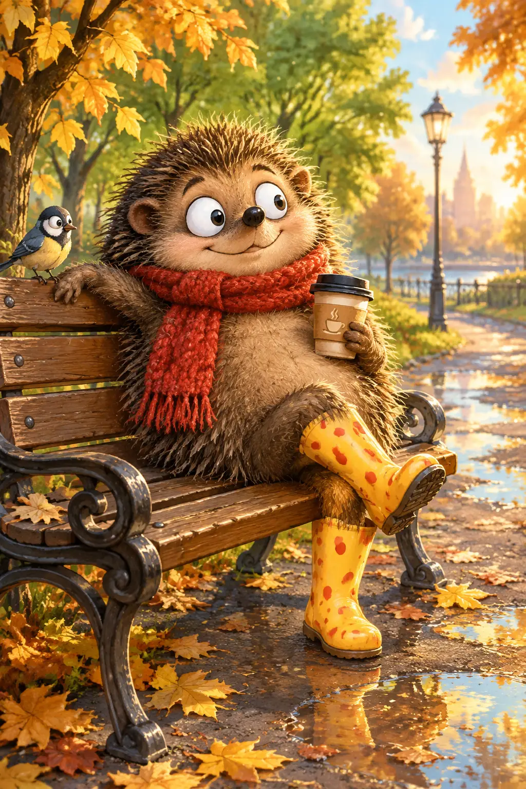 Cute cartoon hedgehog relaxing on a bench in autumn park
