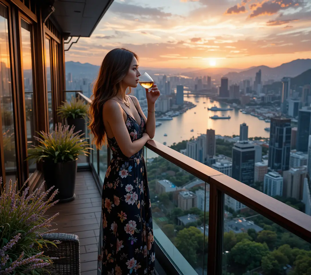 Woman with wine on a balcony at sunset city view