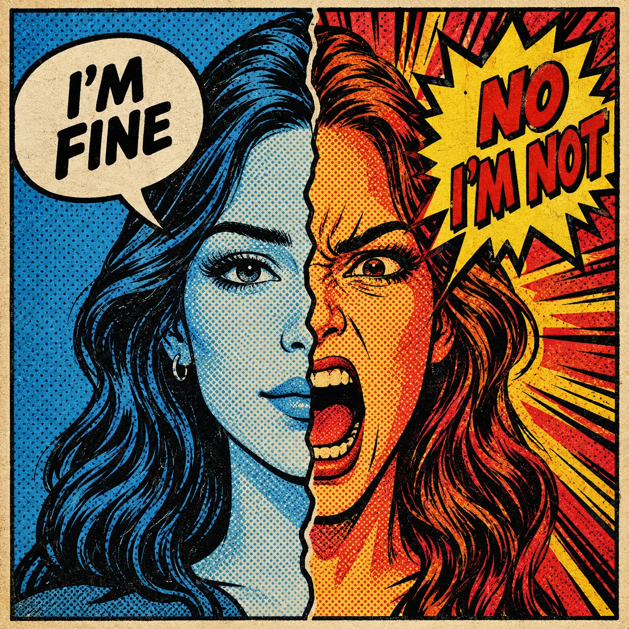 Split pop art face showing hidden emotional conflict