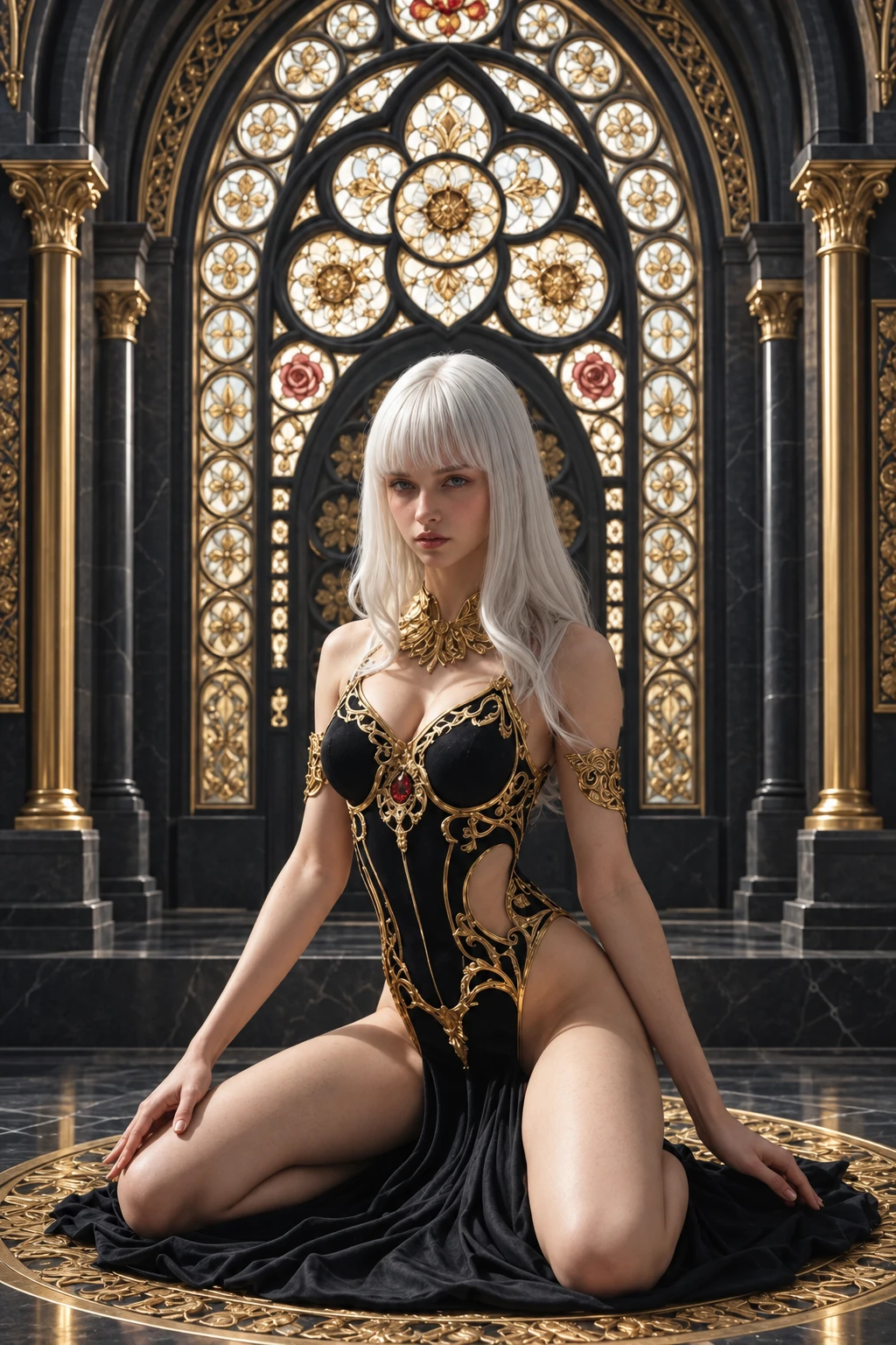 Editorial fashion woman posed in refined architectural interior
