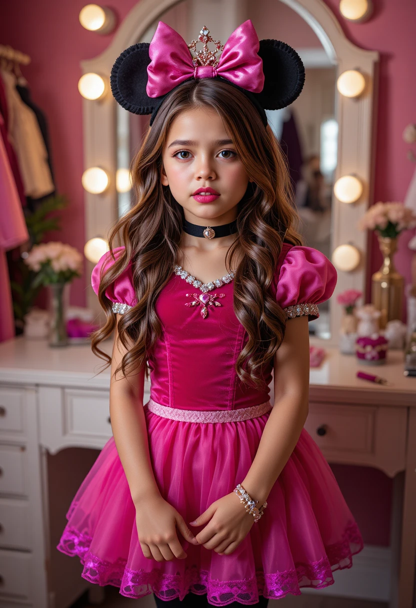 Ragazzo preadolescente in costume da principessa rosa alla toilette in camera da letto