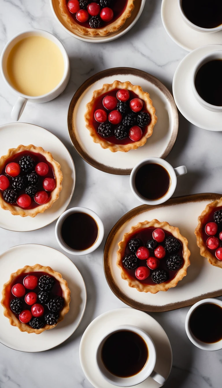 Draufsicht auf Beeren-Vanillecreme-Tartelettes auf Marmortisch
