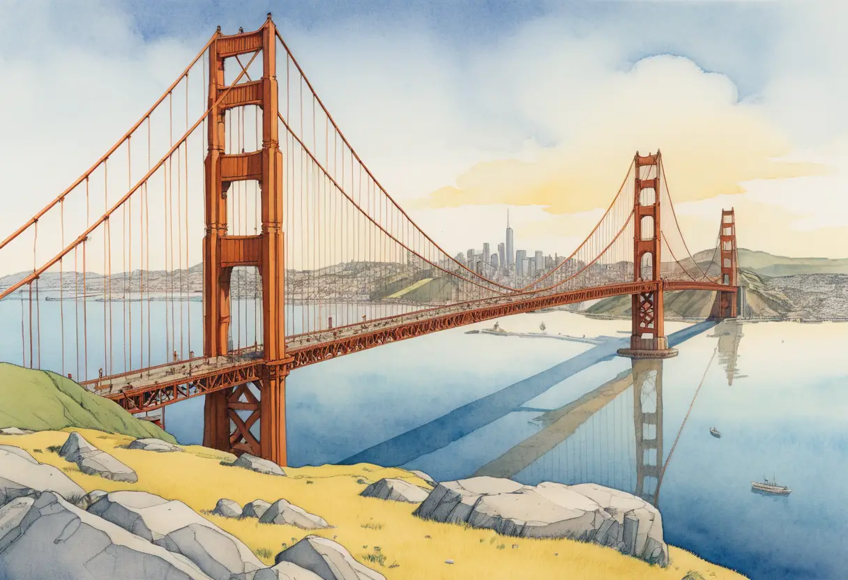 Watercolor illustration of the Golden Gate Bridge city skyline