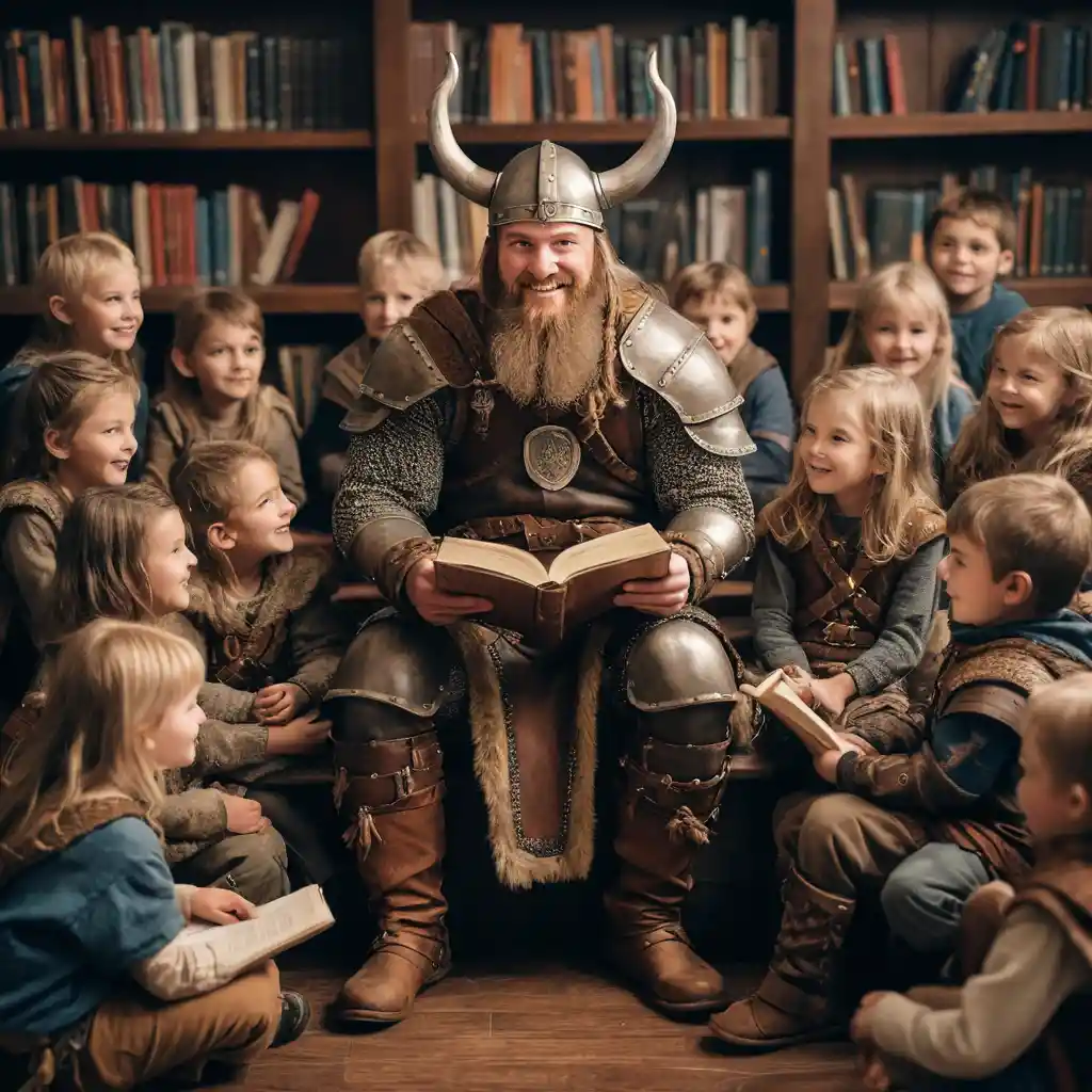 Viking warrior reading to children in a cozy library