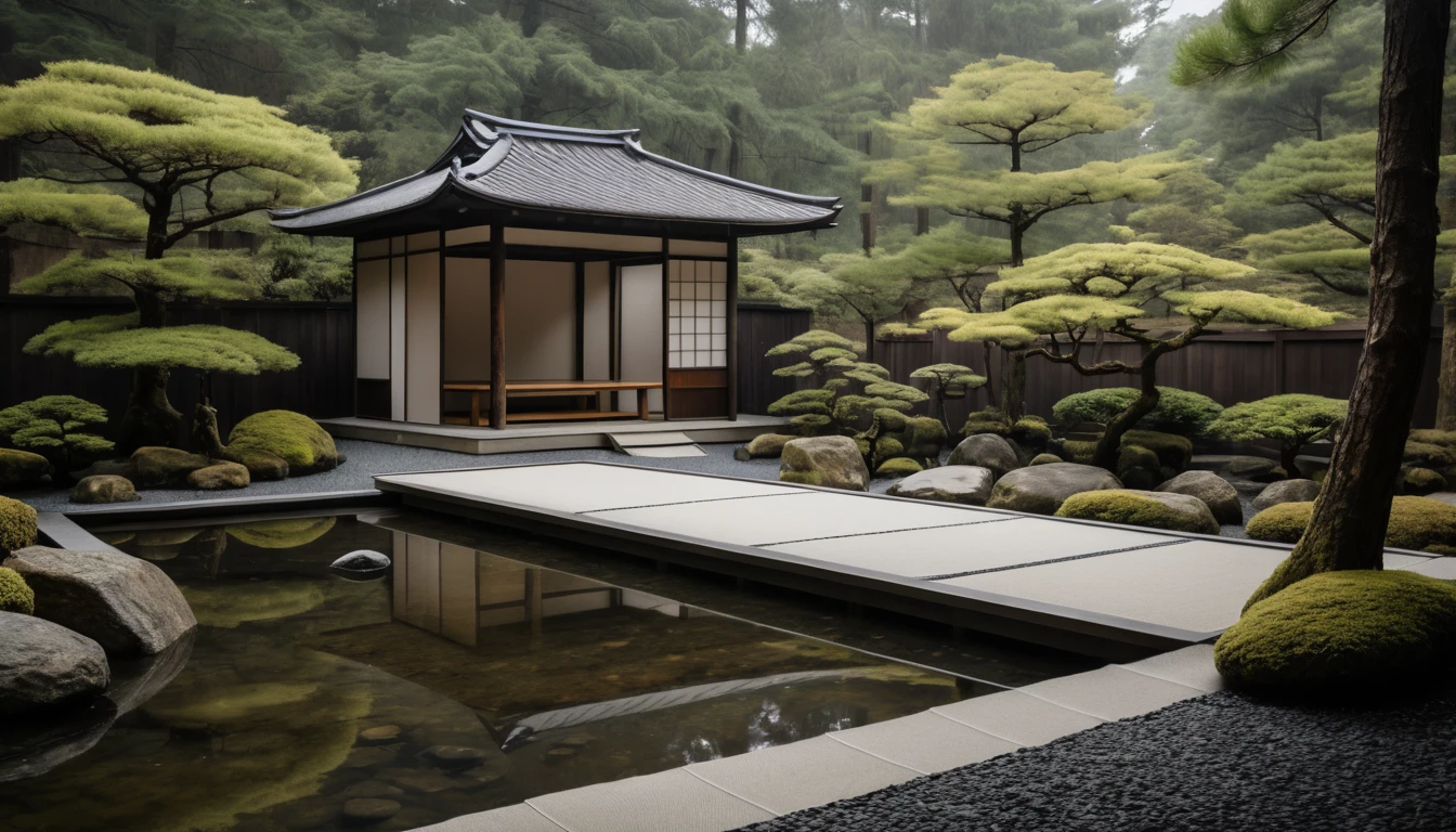 Modern pavilion in a serene Japanese zen garden