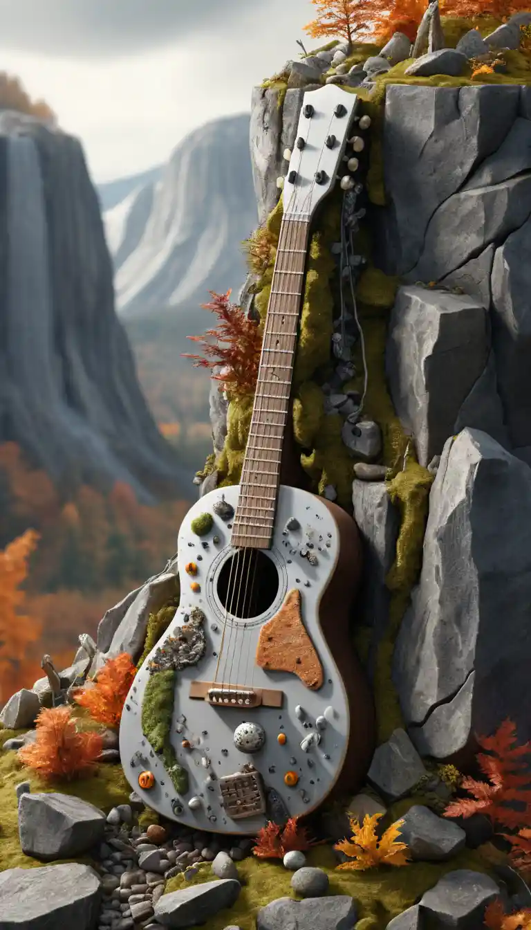 Vista macro de una guitarra gigante que revela un diminuto mundo de campamento
