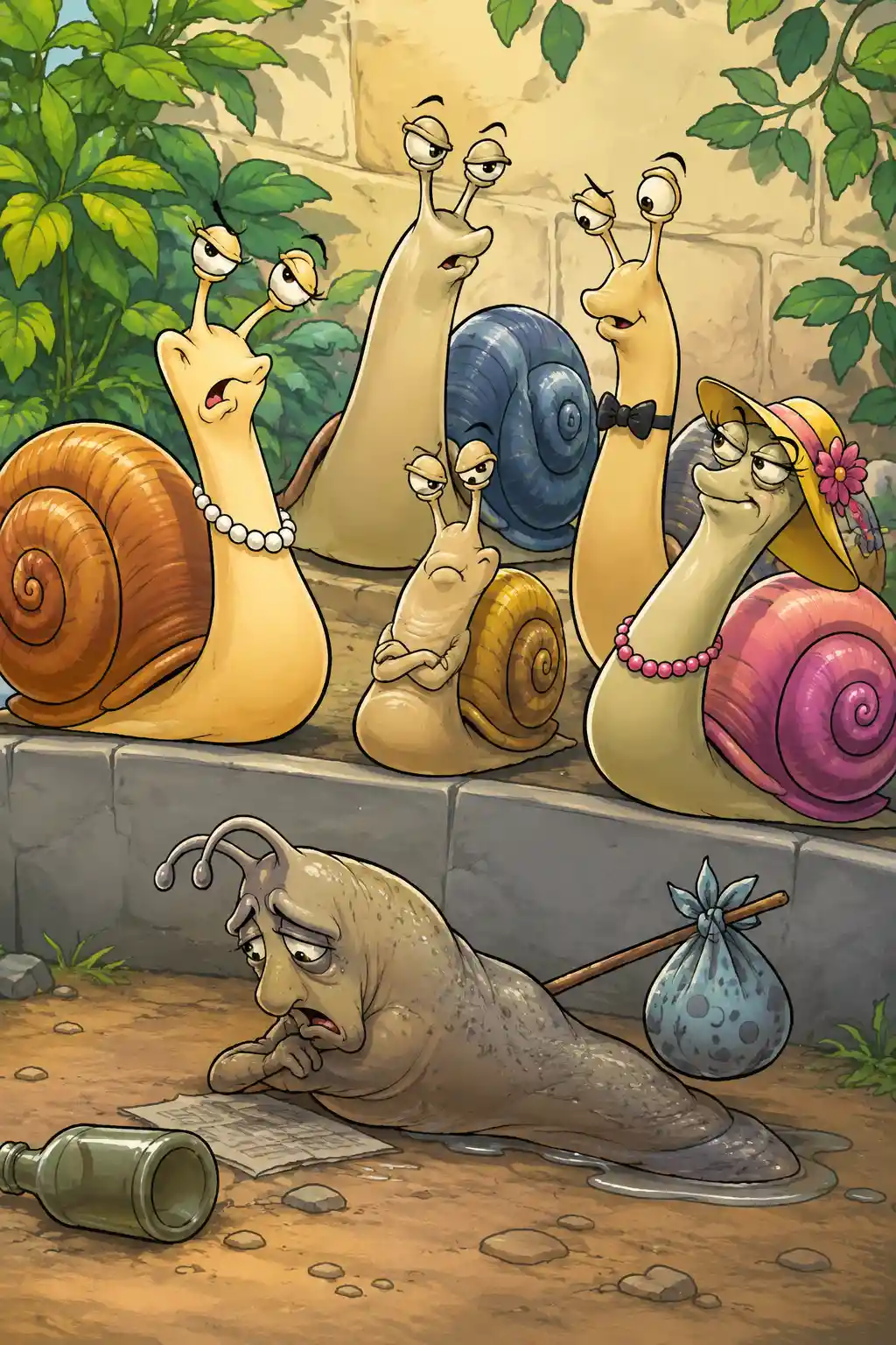 Playful comic illustration of a humorous snail character