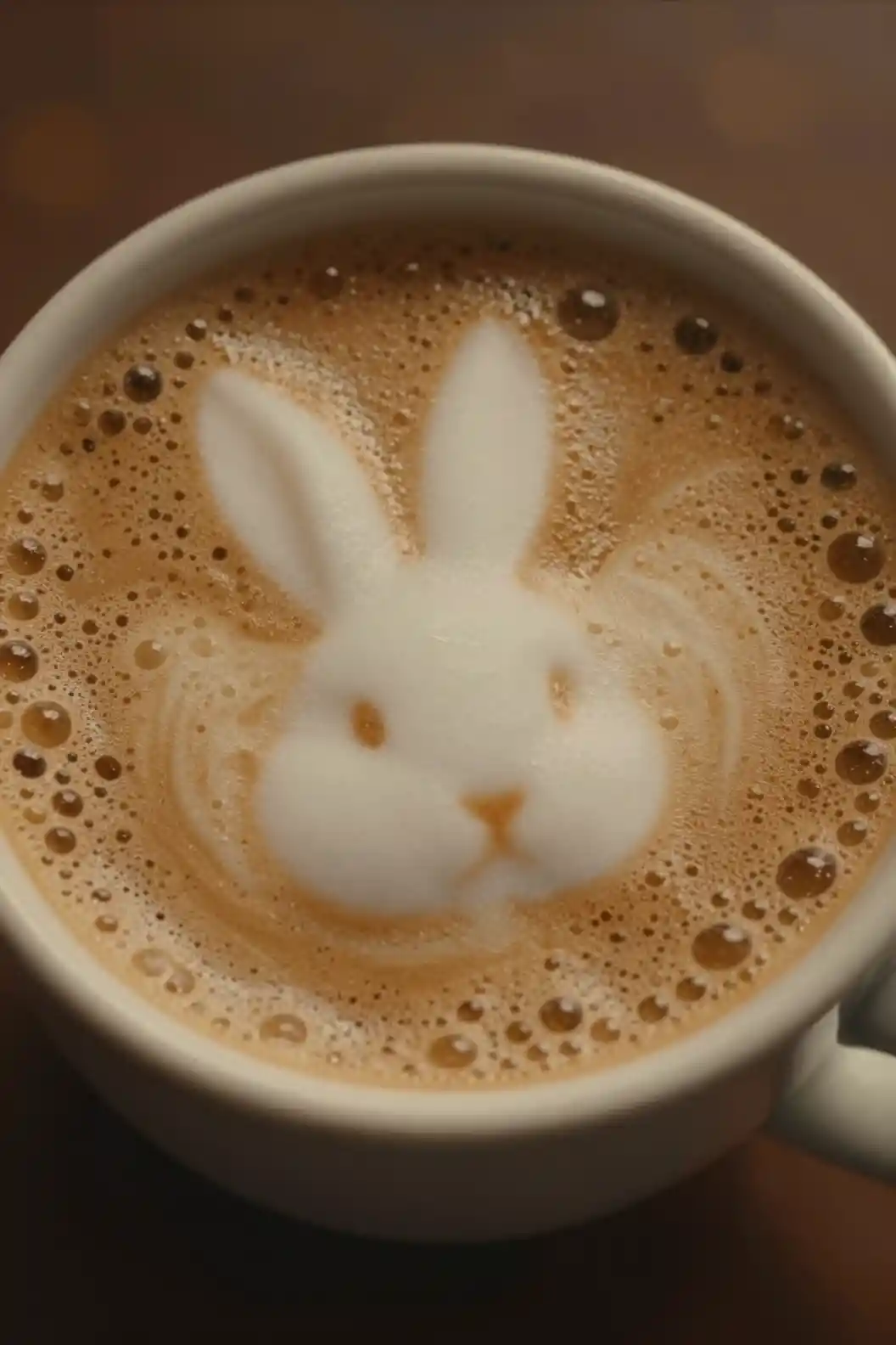 Draufsicht auf eine gemütliche Kaffeetasse mit Hasen-Milchschaumkunst